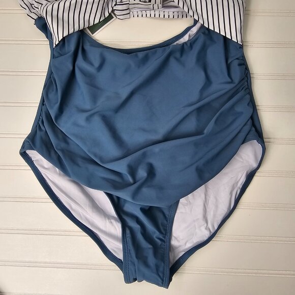 Women's Blue Striped Wrap Top Cut Out High Waist One Piece Swimsuit Size XL NWT - Picture 5 of 13